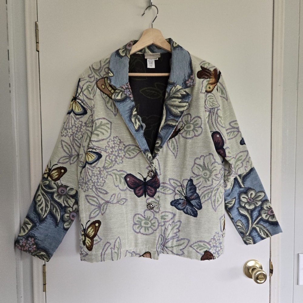 Coldwater Creek Blue Cream Blazer with Butterfly Print
